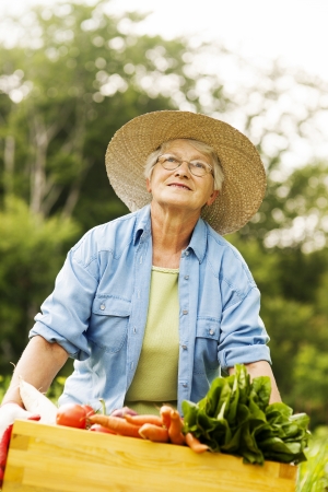 Senior woman holding box with vegetables 	の写真素材