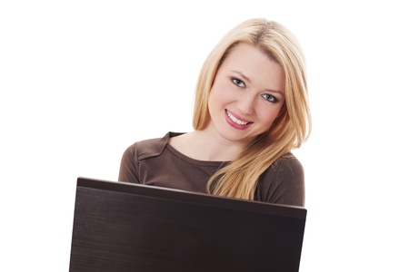 Blonde woman with laptopの写真素材