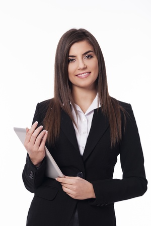 Portrait of happy woman with digital tabletの写真素材