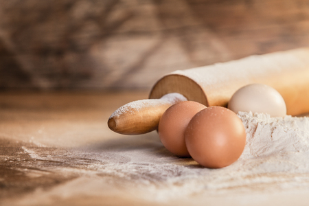 Preparation ingredients for baking on wood backgroundの写真素材