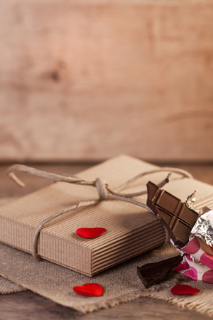 Hearts,chocolate and valentine's gift on wooden の写真素材