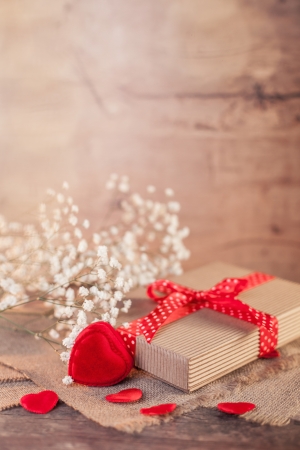 Rustic valentine's day decorations on wood の写真素材