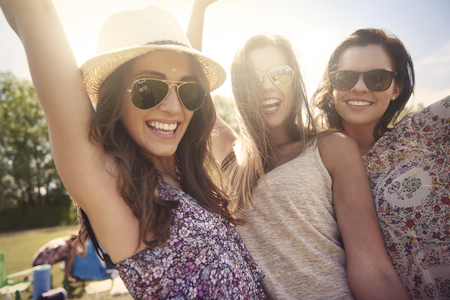 Three best friends on holiday togetherの写真素材