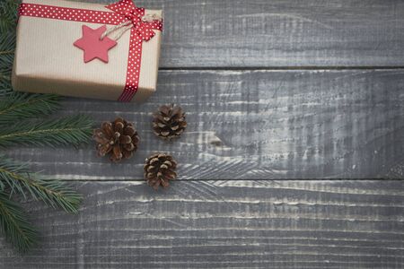 Christmas gift on the woodの写真素材