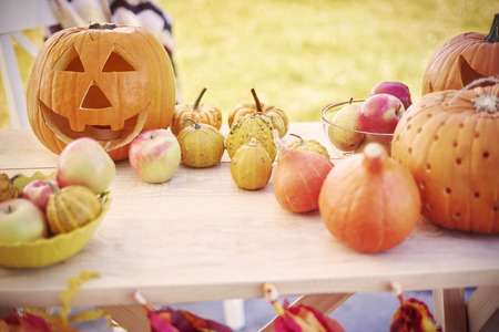 Autumnal composition of pumpkins and applesの写真素材