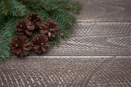 Winter decoration on wooden desksの写真素材