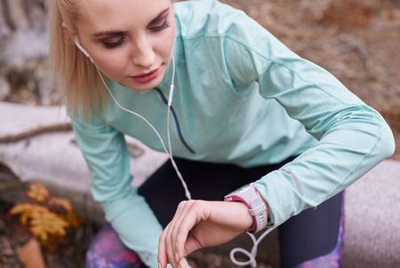 Resting and checking recent recordの写真素材