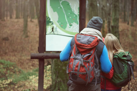 Looking at the map in the parkの写真素材