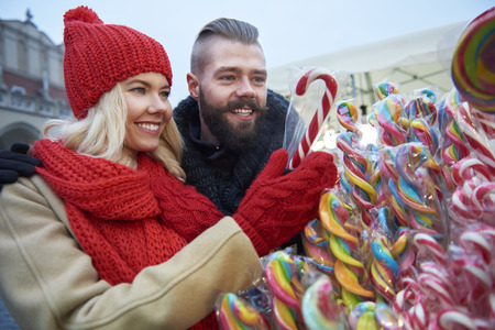 Colorful candy canes from the Christmas marketの写真素材