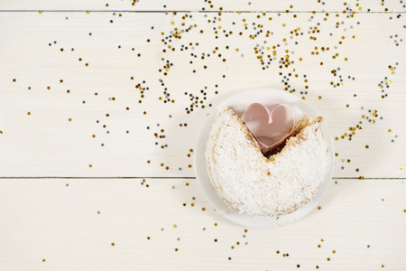 High angle view of cupcake and heart shape の写真素材