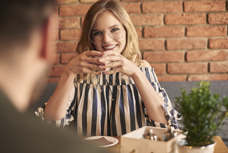 First date with cup of coffeeの写真素材