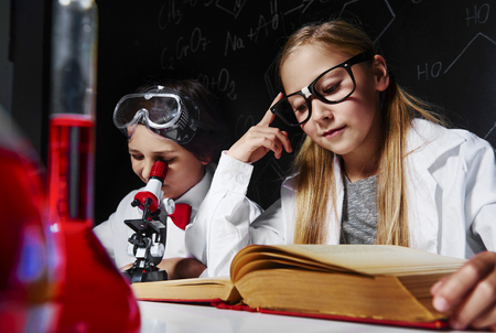 Two little scientists in laboratoryの写真素材