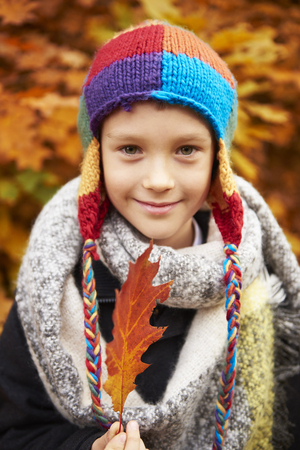 Portrait of boy holding autumn leafの写真素材
