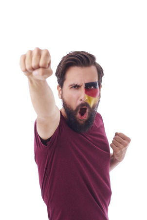 German fan feel good about score of the matchの写真素材