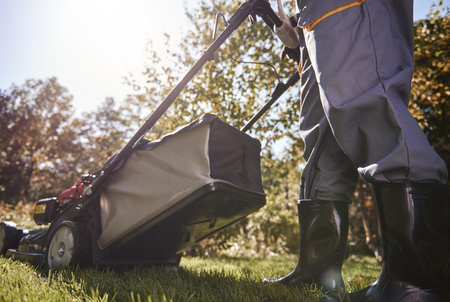 Unrecognizable man cutting the grassの写真素材