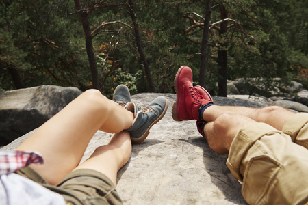 Shot of backpacker's legs in the mountainsの写真素材