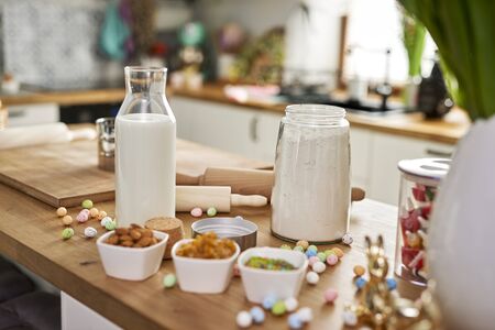Baking ingredients on the table in kitchen 