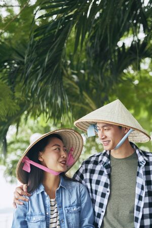 Couple in love standing face to faceの写真素材