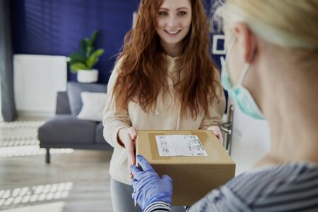 Woman receiving a parcel from a delivery personの写真素材
