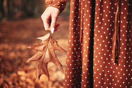 Detail of unrecognizable woman holding leaf