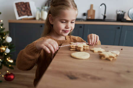 Cute girl packing cookies for Santa Clausの写真素材