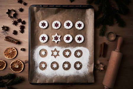 Top view of baking tray with cookies