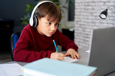 Concentrated boy while studying at home
