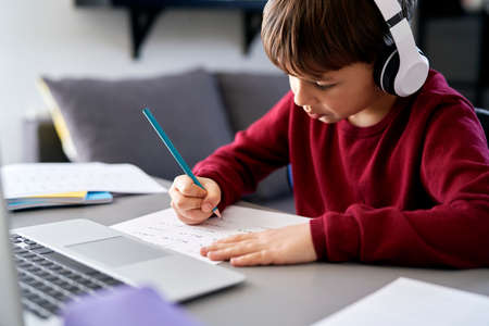 Boy doing homework while e-learning