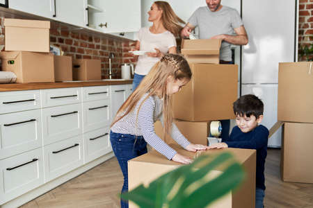 Siblings help with packing cardboard boxes for moving houseの写真素材