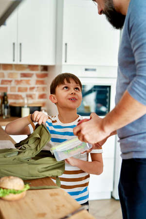 Father and son packing healthy food lunch boxes for schoolの写真素材