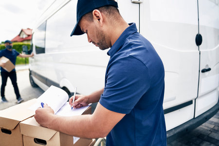Courier writes out the receipt of the packageの写真素材