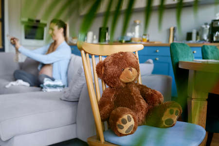 Cute teddy bear waiting for childbirthの写真素材