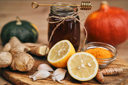 Composition of natural ingredients on wooden tableの写真素材