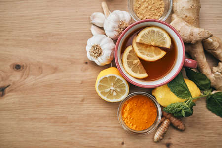 Top view of winter tea with natural immune ingredients
