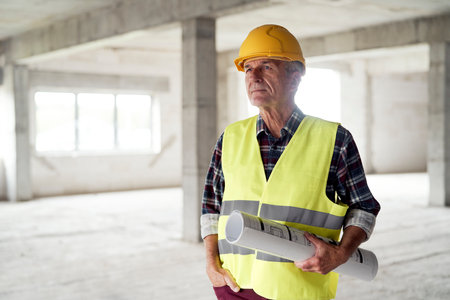 Caucasian senior engineer holding plans and standing on construction siteの写真素材