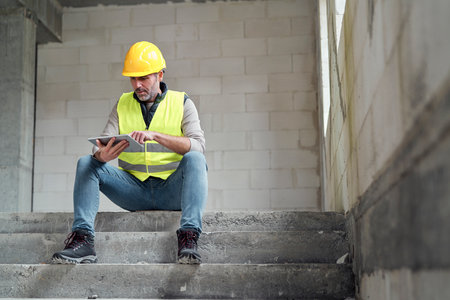 Caucasian engineer sitting on stairs and browsing digital tablet on construction siteの写真素材