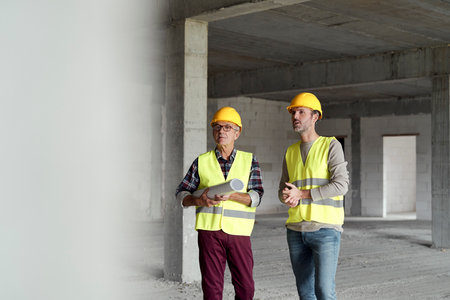 Two mature caucasian engineers discussing on construction siteの写真素材