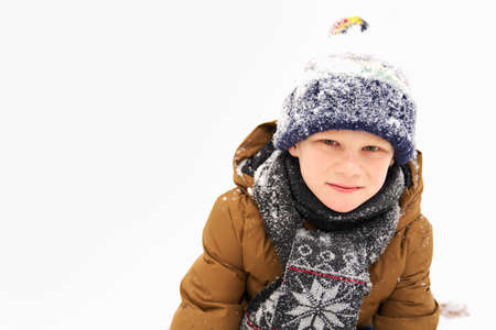Portrait of little boy in winterの写真素材