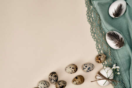 Directly above shot of easter eggs with natural feathers
