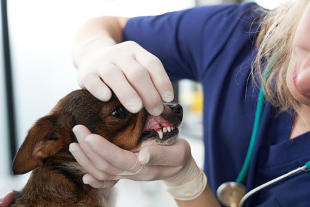 Close up of examining dog's dental health at vet's office