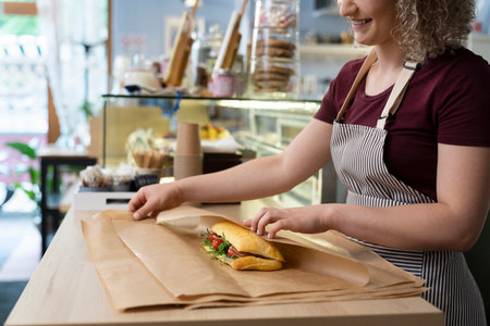 Young caucasian waitress packing prepared sandwich in commercial kitchenの写真素材
