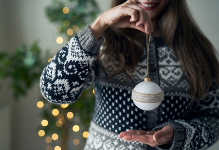 Close up of woman holding Christmas bauble in handsの写真素材