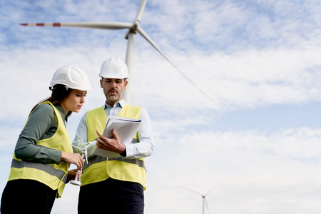 Two caucasian engineers standing on wind turbine field and discussing over documentsの写真素材