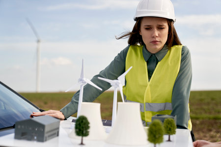 Female caucasian engineer standing outdoors and checking wind turbine field plastic modelの写真素材