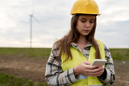 Caucasian female engineer standing on wind turbine field and using mobile phoneの写真素材