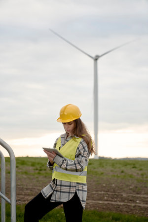 Caucasian female engineer browsing digital tablet while standing on wind turbine fieldの写真素材
