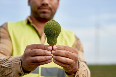 Close up of latin man holding green electric bulb and wind turbine in the backgroundの写真素材