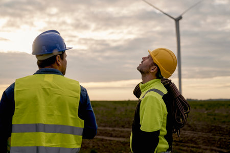 Caucasian and latin engineers looking up on wind turbineの写真素材