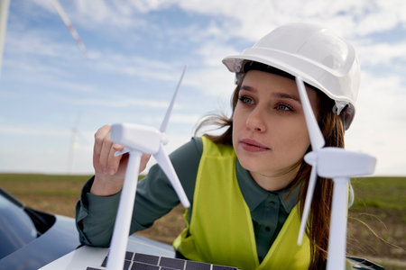 Female caucasian engineer standing outdoors and checking wind turbine field modelの写真素材