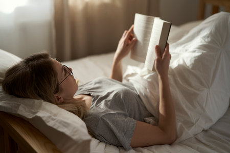 Caucasian woman lying down in bed and reading a book at the morningの写真素材